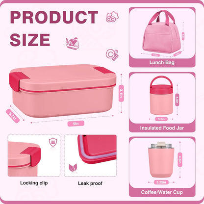 Bento Lunch Box Set with 10.5oz Soup Thermo Food Jar for Adults Kids, Stainless Steel Leak-proof Lunch Container with 4 Compartment, Coffee Tumbler with Lunch Bag for School Travel Office-Pink