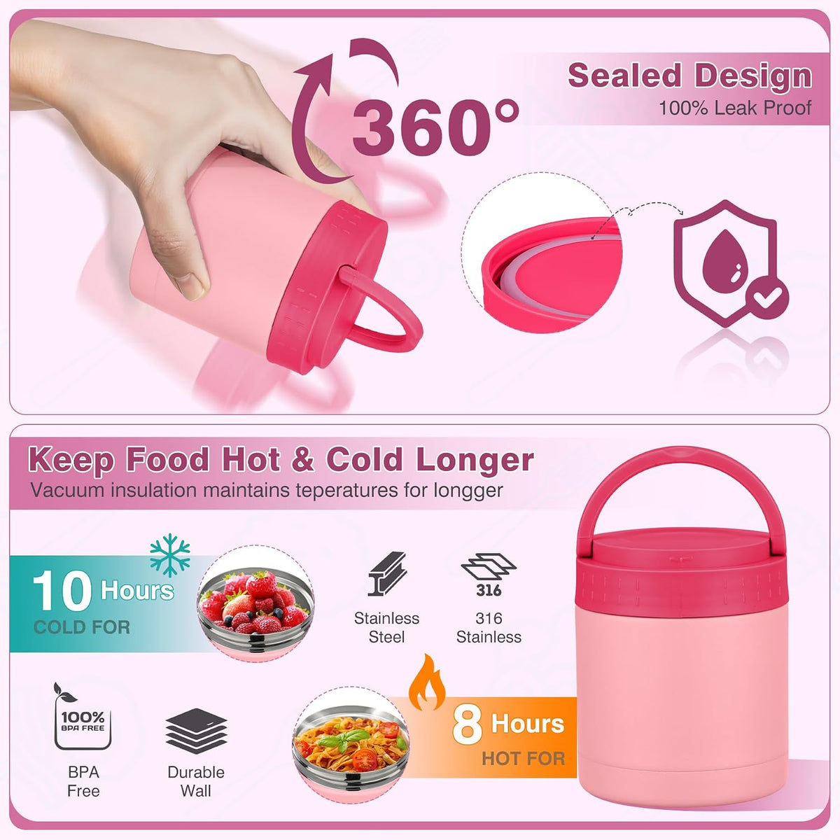 Bento Lunch Box Set with 10.5oz Soup Thermo Food Jar for Adults Kids, Stainless Steel Leak-proof Lunch Container with 4 Compartment, Coffee Tumbler with Lunch Bag for School Travel Office-Pink