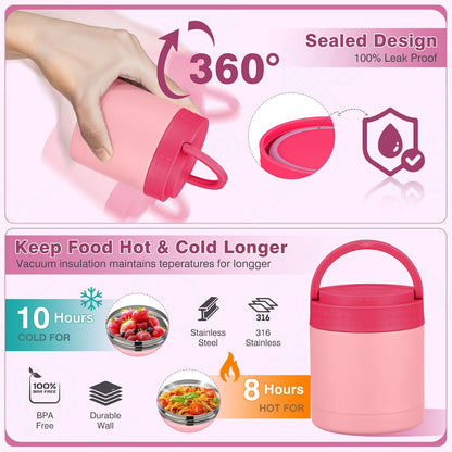 Bento Lunch Box Set with 10.5oz Soup Thermo Food Jar for Adults Kids, Stainless Steel Leak-proof Lunch Container with 4 Compartment, Coffee Tumbler with Lunch Bag for School Travel Office-Pink