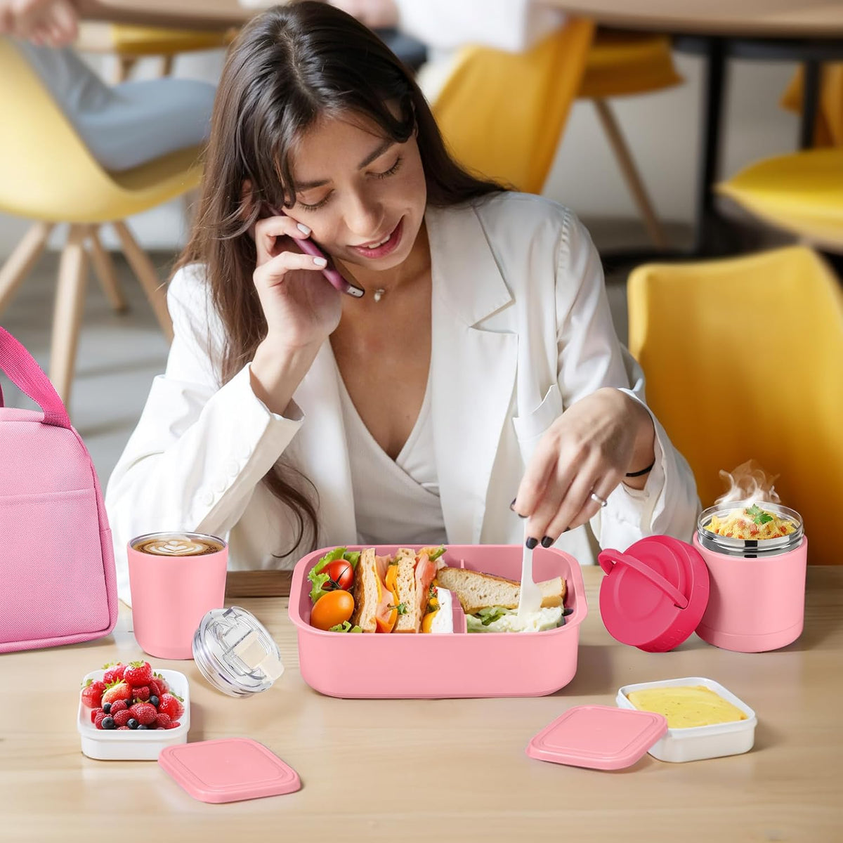 Bento Lunch Box Set with 10.5oz Soup Thermo Food Jar for Adults Kids, Stainless Steel Leak-proof Lunch Container with 4 Compartment, Coffee Tumbler with Lunch Bag for School Travel Office-Pink