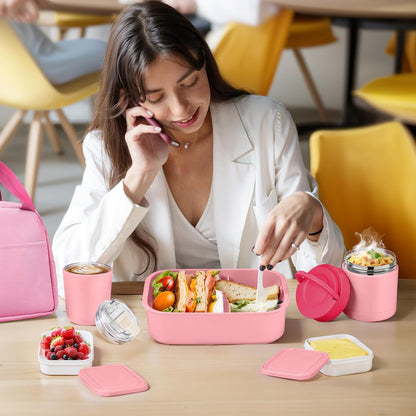 Bento Lunch Box Set with 10.5oz Soup Thermo Food Jar for Adults Kids, Stainless Steel Leak-proof Lunch Container with 4 Compartment, Coffee Tumbler with Lunch Bag for School Travel Office-Pink