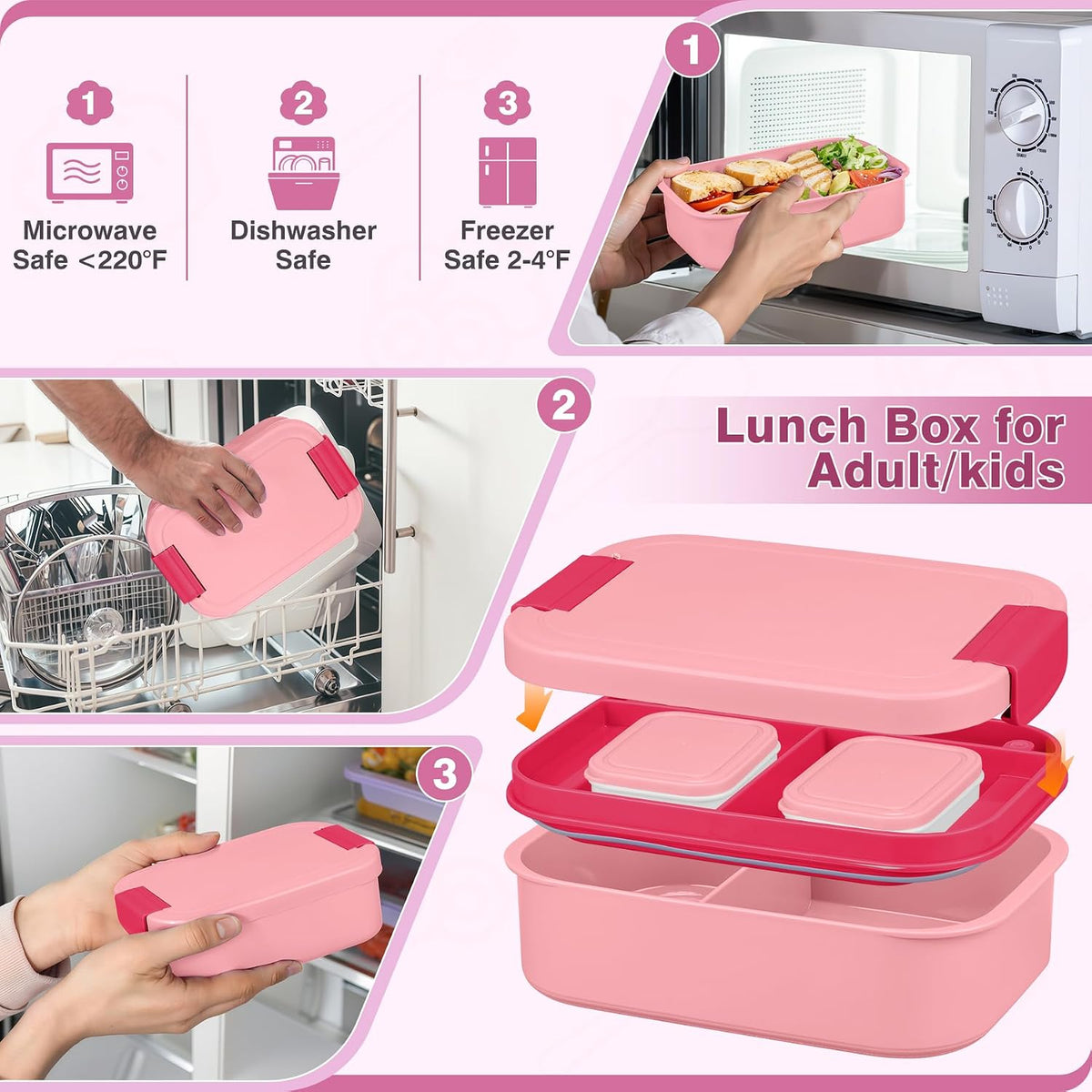 Bento Lunch Box Set with 10.5oz Soup Thermo Food Jar for Adults Kids, Stainless Steel Leak-proof Lunch Container with 4 Compartment, Coffee Tumbler with Lunch Bag for School Travel Office-Pink