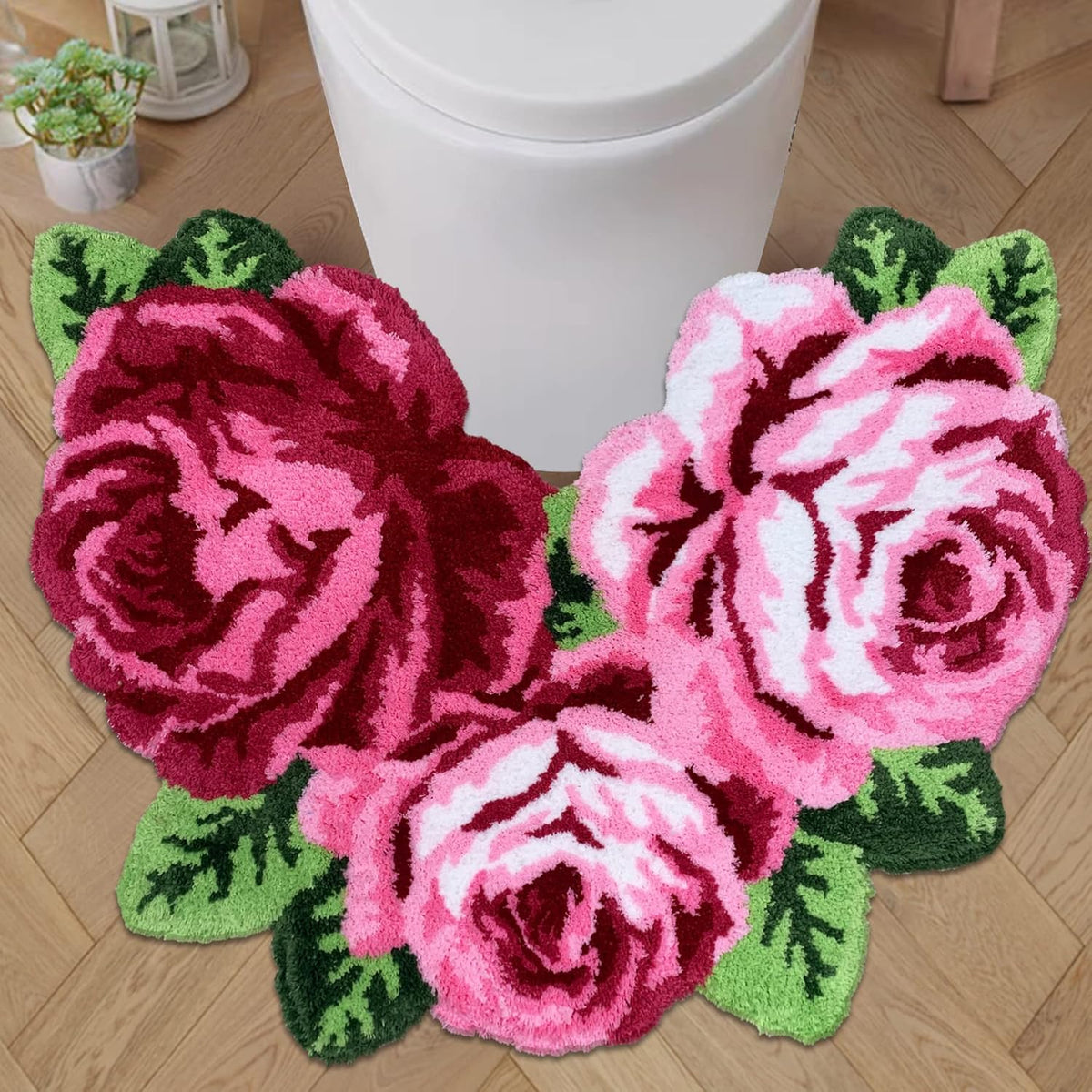 Rose Shaped Rug Pink Luxury Shaggy Toilet Bath Mat U-Shaped Contour Rugs for Bathroom, Soft and Comfortable, Maximum Absorbent, Dry Quickly, Non-Slip, Machine-Washable
