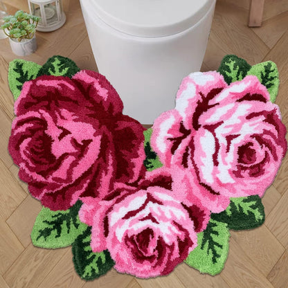 Rose Shaped Rug Pink Luxury Shaggy Toilet Bath Mat U-Shaped Contour Rugs for Bathroom, Soft and Comfortable, Maximum Absorbent, Dry Quickly, Non-Slip, Machine-Washable