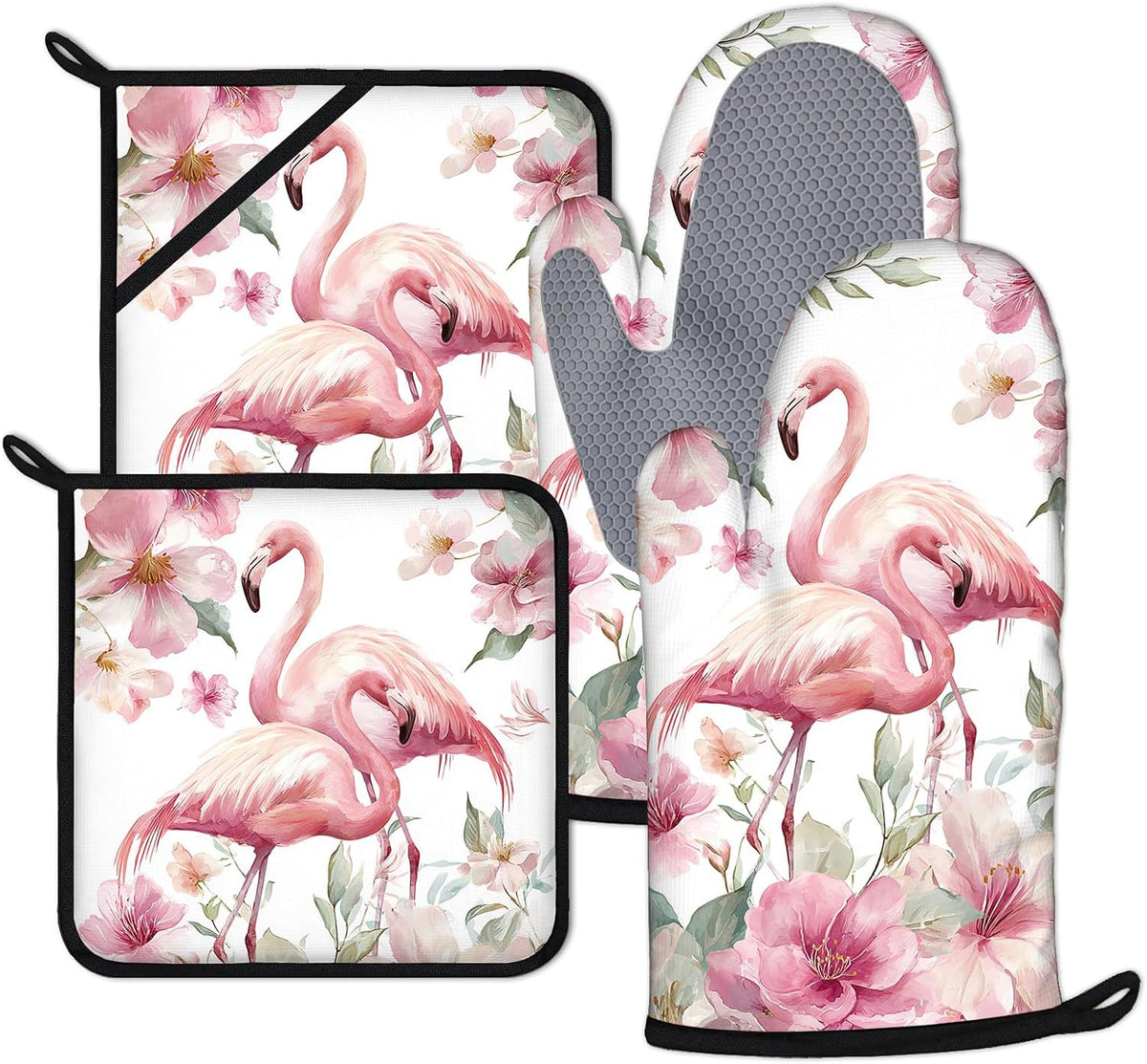 Pink Flowers Flamingo Oven Mitts and Pot Holders Sets 4Pcs Silicone Non-Slip Mitts Heat Resistant Gloves Hot Pads for Kitchen Cooking Baking Grilling BBQ