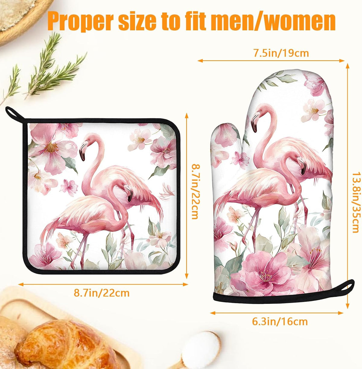 Pink Flowers Flamingo Oven Mitts and Pot Holders Sets 4Pcs Silicone Non-Slip Mitts Heat Resistant Gloves Hot Pads for Kitchen Cooking Baking Grilling BBQ