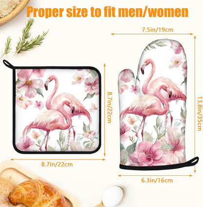 Pink Flowers Flamingo Oven Mitts and Pot Holders Sets 4Pcs Silicone Non-Slip Mitts Heat Resistant Gloves Hot Pads for Kitchen Cooking Baking Grilling BBQ
