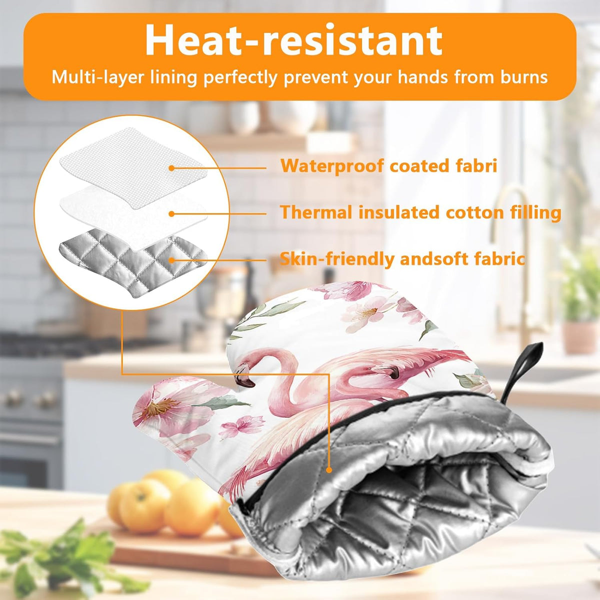 Pink Flowers Flamingo Oven Mitts and Pot Holders Sets 4Pcs Silicone Non-Slip Mitts Heat Resistant Gloves Hot Pads for Kitchen Cooking Baking Grilling BBQ