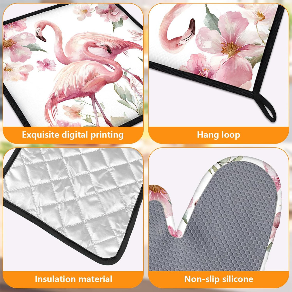 Pink Flowers Flamingo Oven Mitts and Pot Holders Sets 4Pcs Silicone Non-Slip Mitts Heat Resistant Gloves Hot Pads for Kitchen Cooking Baking Grilling BBQ