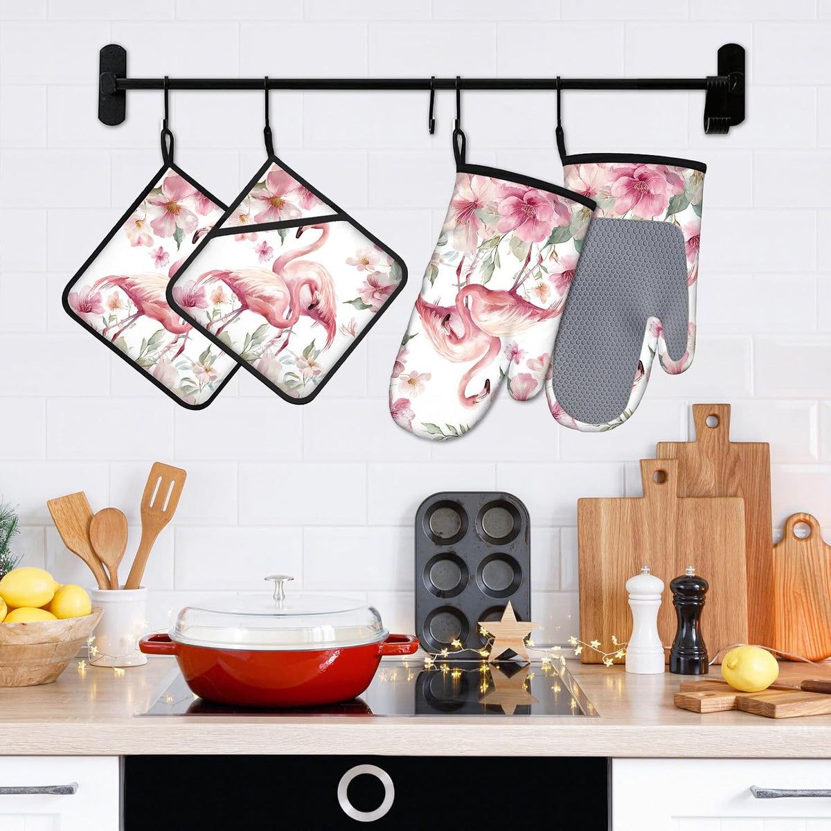 Pink Flowers Flamingo Oven Mitts and Pot Holders Sets 4Pcs Silicone Non-Slip Mitts Heat Resistant Gloves Hot Pads for Kitchen Cooking Baking Grilling BBQ