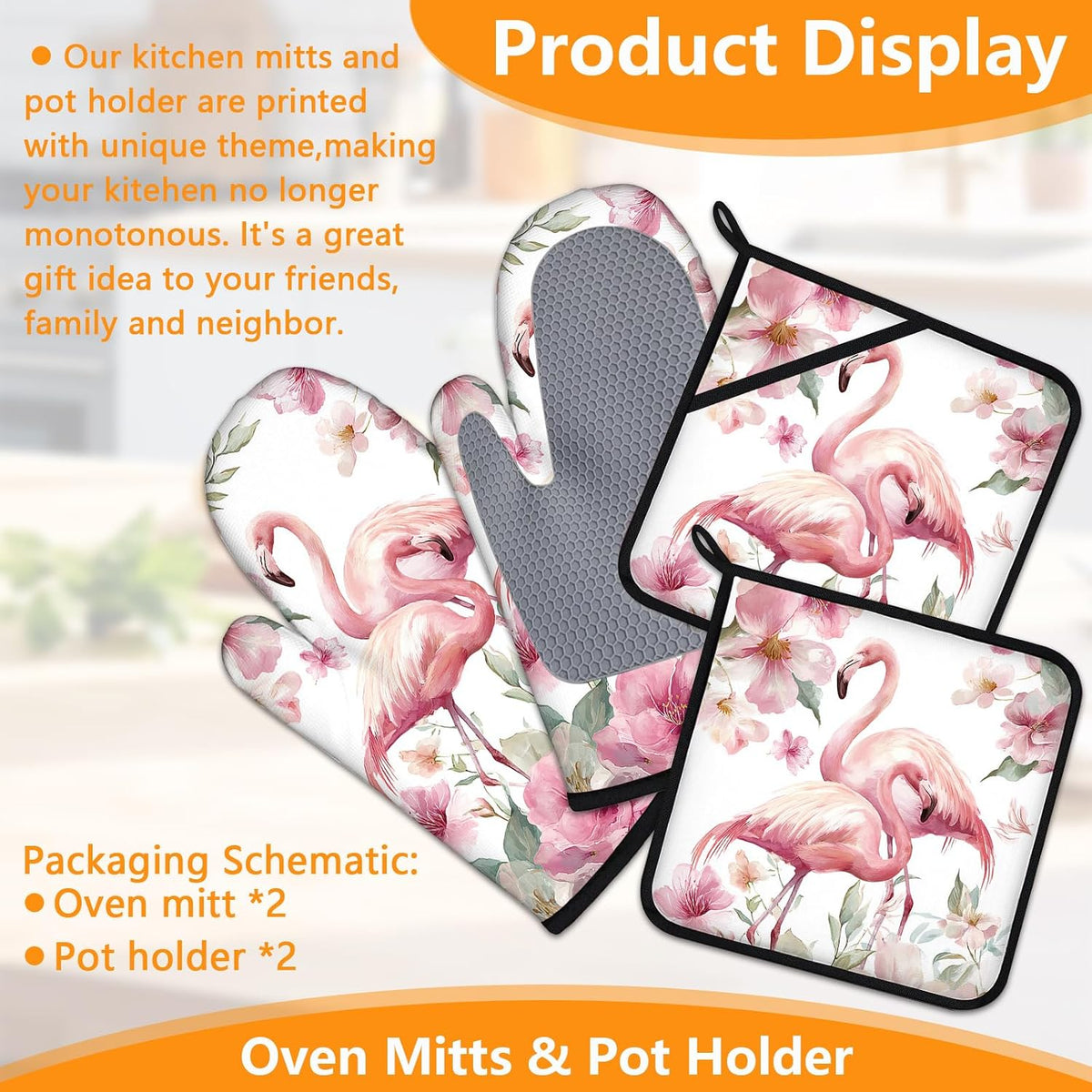 Pink Flowers Flamingo Oven Mitts and Pot Holders Sets 4Pcs Silicone Non-Slip Mitts Heat Resistant Gloves Hot Pads for Kitchen Cooking Baking Grilling BBQ