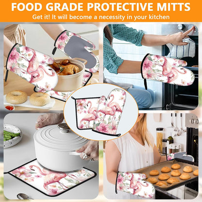 Pink Flowers Flamingo Oven Mitts and Pot Holders Sets 4Pcs Silicone Non-Slip Mitts Heat Resistant Gloves Hot Pads for Kitchen Cooking Baking Grilling BBQ
