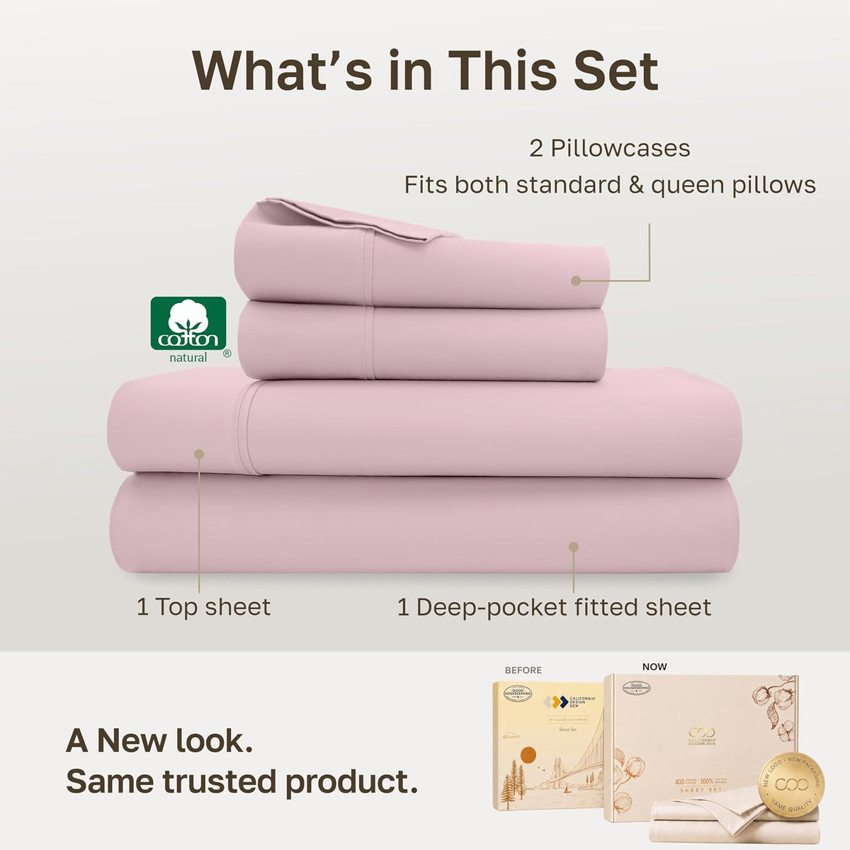 Soft 100% Cotton Sateen Queen Sheet Set, 4 Pcs, Pink