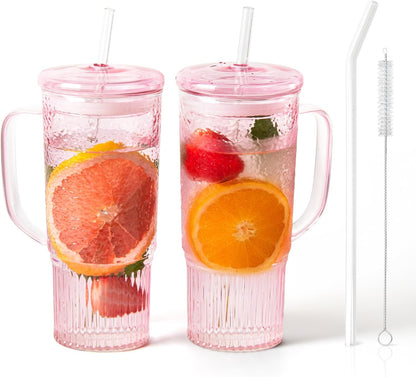 Glass Tumbler, 24 oz Glass Cup with Lid, Straw and Handle