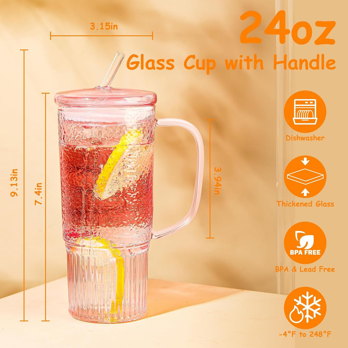 Glass Tumbler, 24 oz Glass Cup with Lid, Straw and Handle