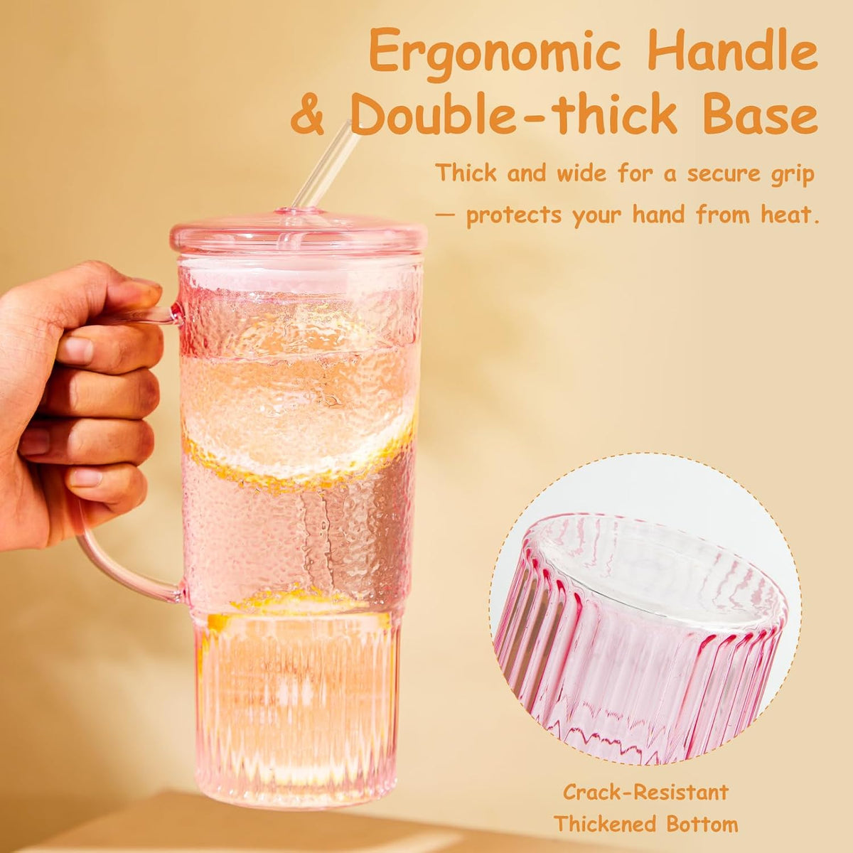 Glass Tumbler, 24 oz Glass Cup with Lid, Straw and Handle