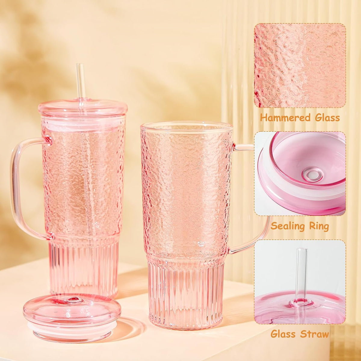 Glass Tumbler, 24 oz Glass Cup with Lid, Straw and Handle