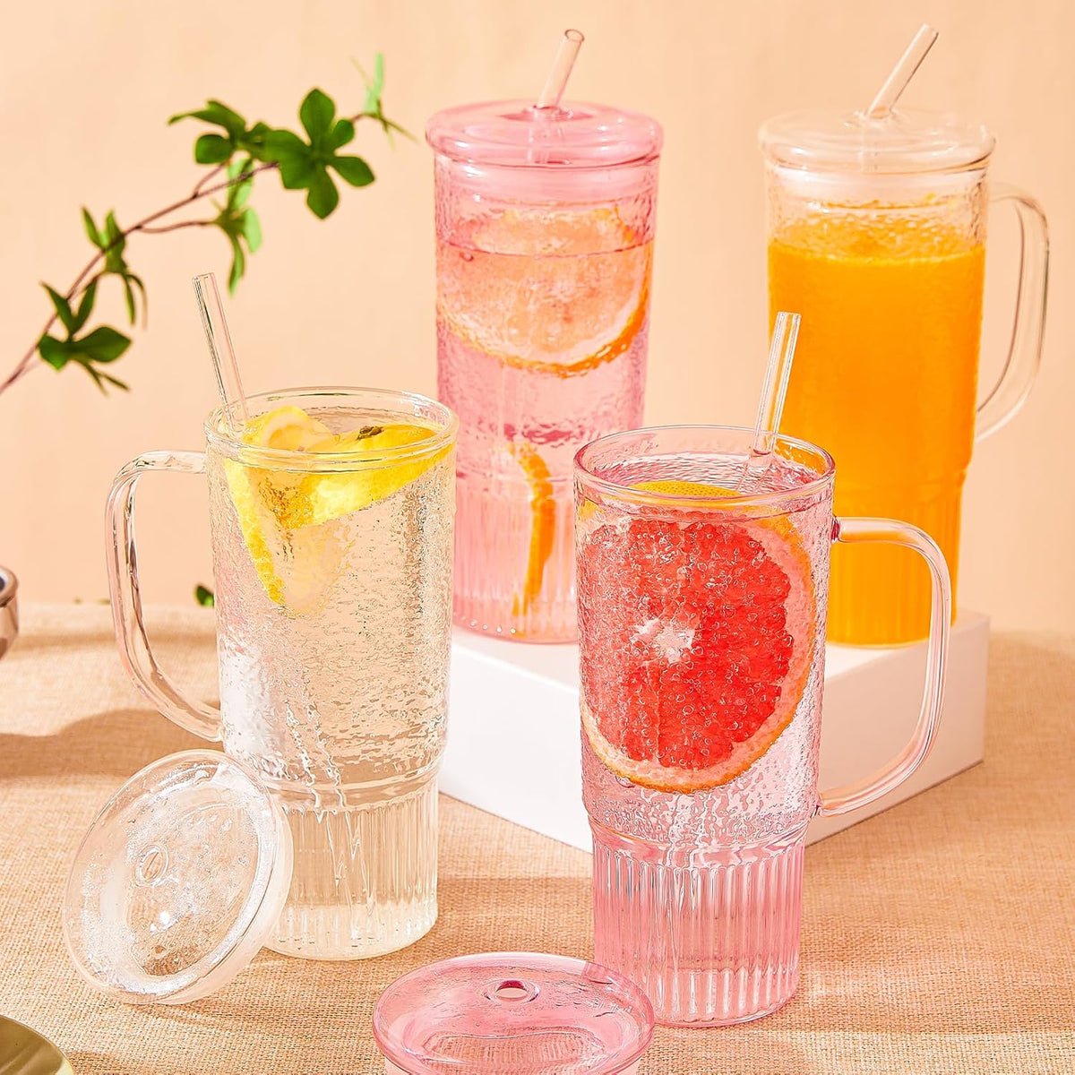 Glass Tumbler, 24 oz Glass Cup with Lid, Straw and Handle