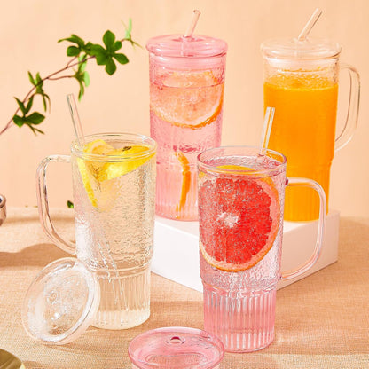 Glass Tumbler, 24 oz Glass Cup with Lid, Straw and Handle