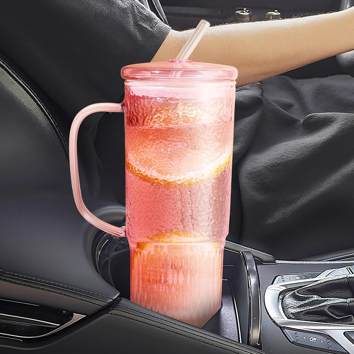 Glass Tumbler, 24 oz Glass Cup with Lid, Straw and Handle