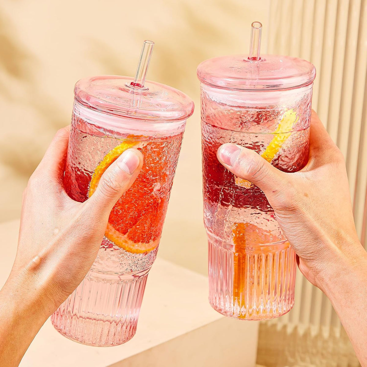 Glass Tumbler, 24 oz Glass Cup with Lid, Straw and Handle