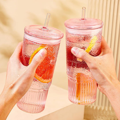 Glass Tumbler, 24 oz Glass Cup with Lid, Straw and Handle