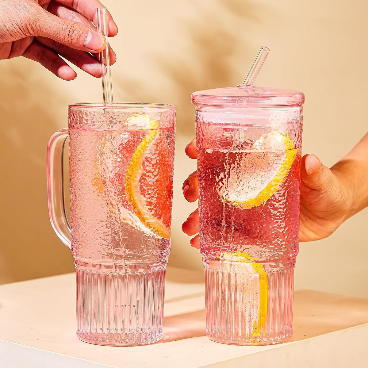 Glass Tumbler, 24 oz Glass Cup with Lid, Straw and Handle