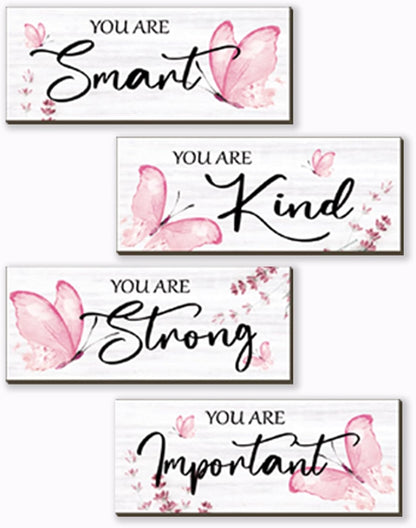 4 Pcs Butterfly Wall Decor Pink Room Decor Wooden Positive Butterfly Decor with Inspirational Word Sign for Teen Girls Women Room Bathroom Bedroom Office(Pink,10x4 Inch)