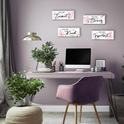 4 Pcs Butterfly Wall Decor Pink Room Decor Wooden Positive Butterfly Decor with Inspirational Word Sign for Teen Girls Women Room Bathroom Bedroom Office(Pink,10x4 Inch)