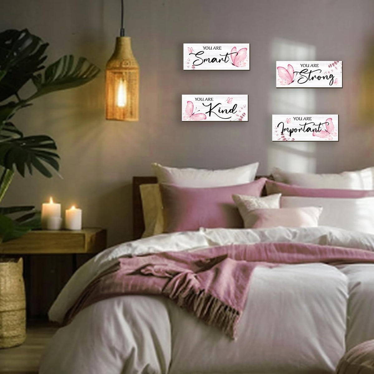 4 Pcs Butterfly Wall Decor Pink Room Decor Wooden Positive Butterfly Decor with Inspirational Word Sign for Teen Girls Women Room Bathroom Bedroom Office(Pink,10x4 Inch)