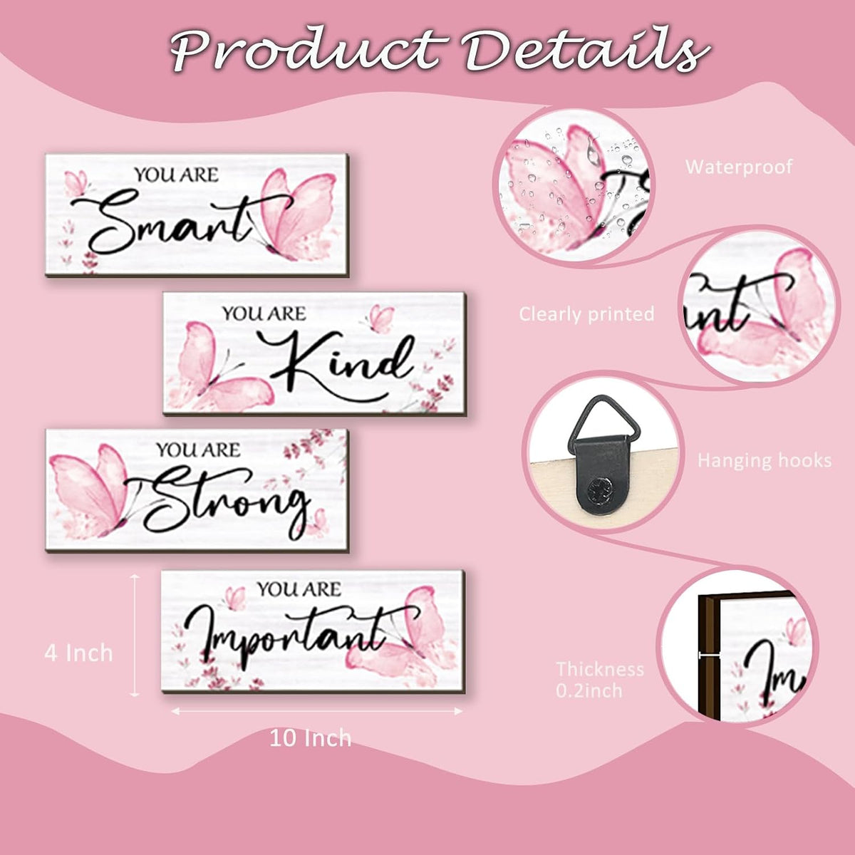 4 Pcs Butterfly Wall Decor Pink Room Decor Wooden Positive Butterfly Decor with Inspirational Word Sign for Teen Girls Women Room Bathroom Bedroom Office(Pink,10x4 Inch)