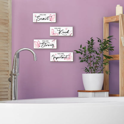 4 Pcs Butterfly Wall Decor Pink Room Decor Wooden Positive Butterfly Decor with Inspirational Word Sign for Teen Girls Women Room Bathroom Bedroom Office(Pink,10x4 Inch)