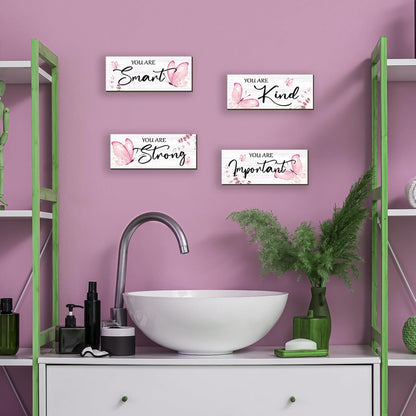 4 Pcs Butterfly Wall Decor Pink Room Decor Wooden Positive Butterfly Decor with Inspirational Word Sign for Teen Girls Women Room Bathroom Bedroom Office(Pink,10x4 Inch)