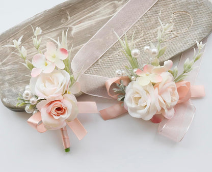 Boutonniere Corsage Set, Pale Pink, 2 Pieces