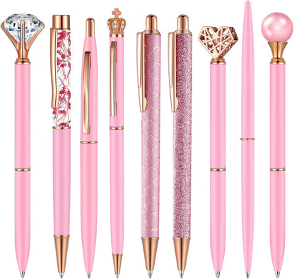 Janmini 9 Pcs Ballpoint Pens Set Metal Crystal Diamond Glitter Pens for Journaling Black Ink Pretty Cute Things Fancy Stationery Gifts for Women Girls Birthday Home Office Desk(Pink)