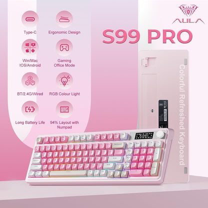 S99pro Wireless Pink Keyboard,Full Size Creamy Gaming Keyboard