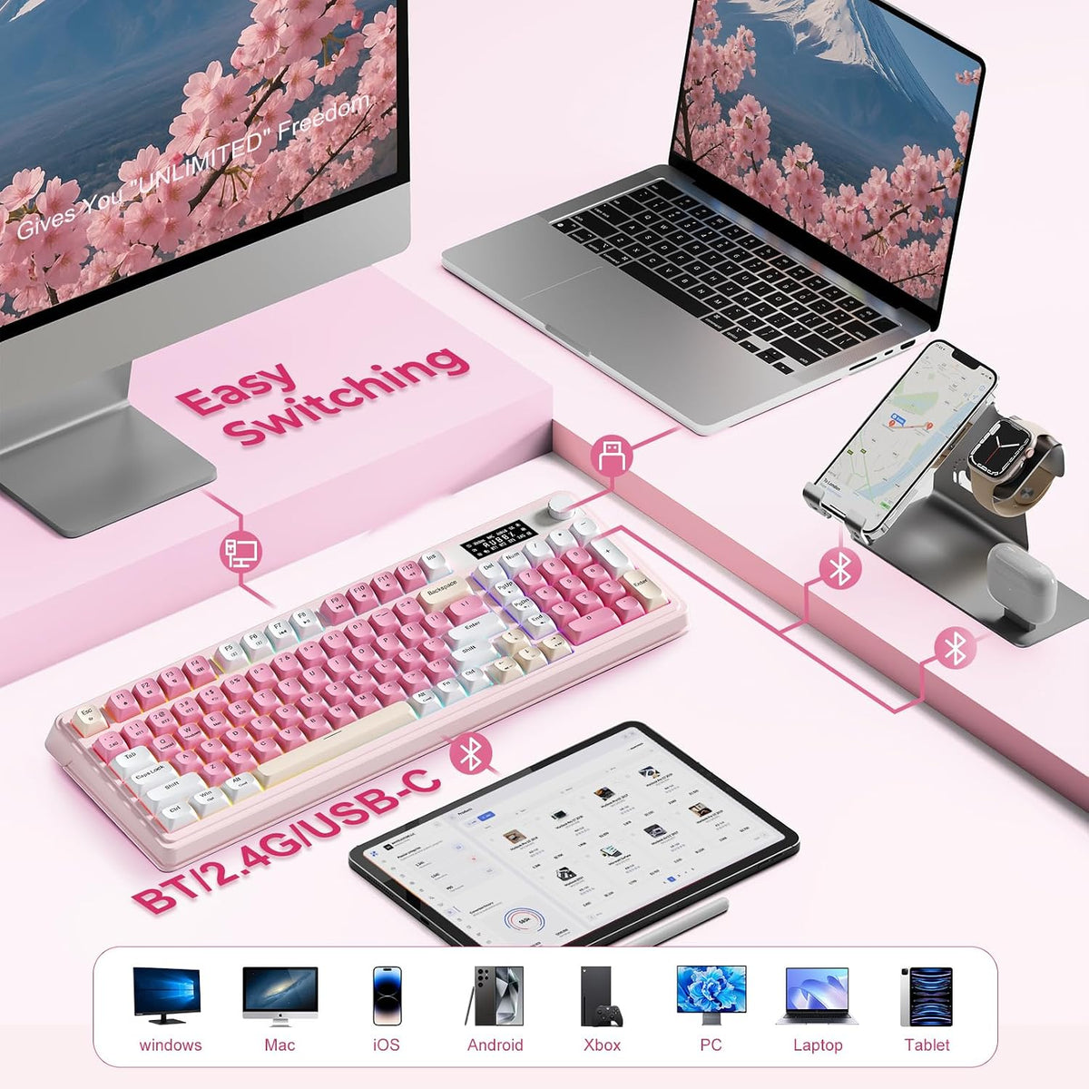 S99pro Wireless Pink Keyboard,Full Size Creamy Gaming Keyboard