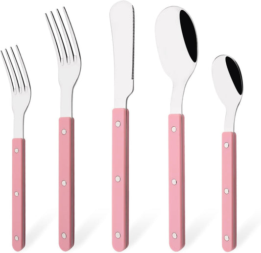 5 PCS Stainless Steel Flatware Set for 1, Silverware Set with Colored Handles, Retro Style Forks Spoons and Knives Set, Vintage Eating Utensils, Pink Acrylic Handle with Rivets Design