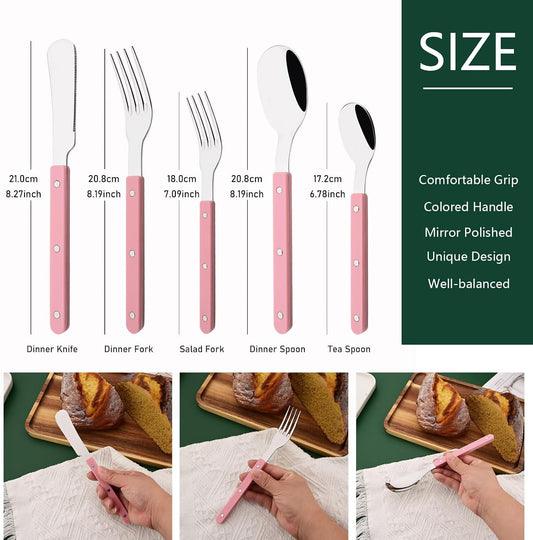 5 PCS Stainless Steel Flatware Set for 1, Silverware Set with Colored Handles, Retro Style Forks Spoons and Knives Set, Vintage Eating Utensils, Pink Acrylic Handle with Rivets Design