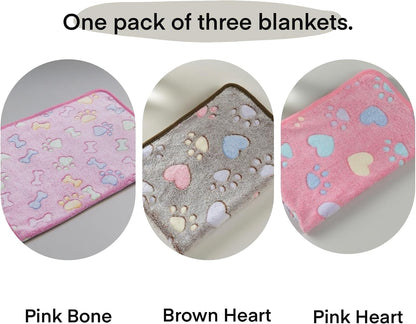Clairooo Cat Blankets for Small Cats, 3 Pack Kitten Blanket Cute Paw Print Pet Blanket for Cat, Kitten, Miniature Puppy, 24 x 16 inches (Pink)