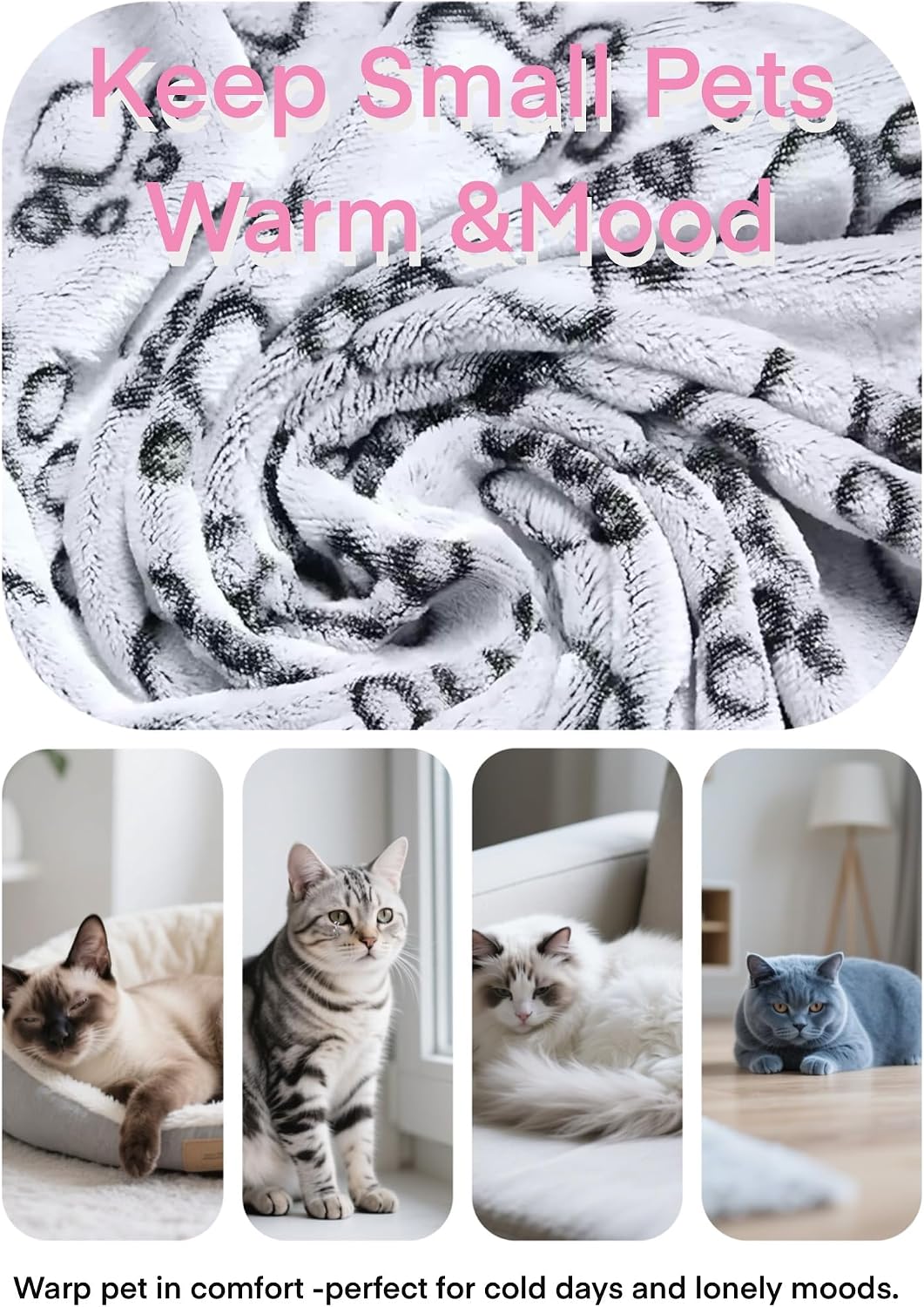 Clairooo Cat Blankets for Small Cats, 3 Pack Kitten Blanket Cute Paw Print Pet Blanket for Cat, Kitten, Miniature Puppy, 24 x 16 inches (Pink)