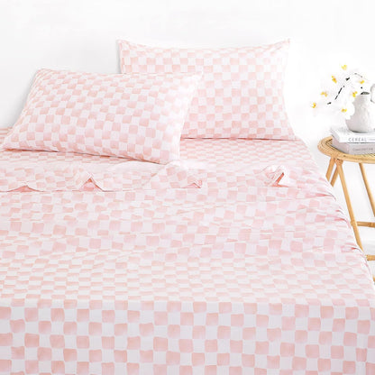 Gingham Sheet Set, 4-Piece Sheet Set, Checkered Grid Plaid Checkerboard Geometric Preppy Hand Drawn Pattern Printed Bedding, Deep Pocket, Pink White, Queen Size