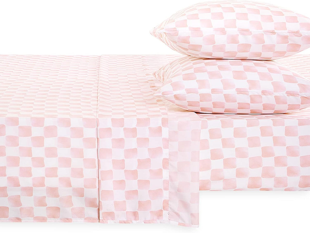 Gingham Sheet Set, 4-Piece Sheet Set, Checkered Grid Plaid Checkerboard Geometric Preppy Hand Drawn Pattern Printed Bedding, Deep Pocket, Pink White, Queen Size