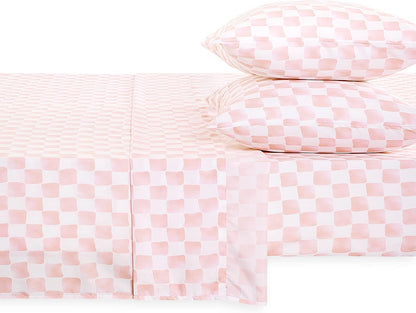Gingham Sheet Set, 4-Piece Sheet Set, Checkered Grid Plaid Checkerboard Geometric Preppy Hand Drawn Pattern Printed Bedding, Deep Pocket, Pink White, Queen Size