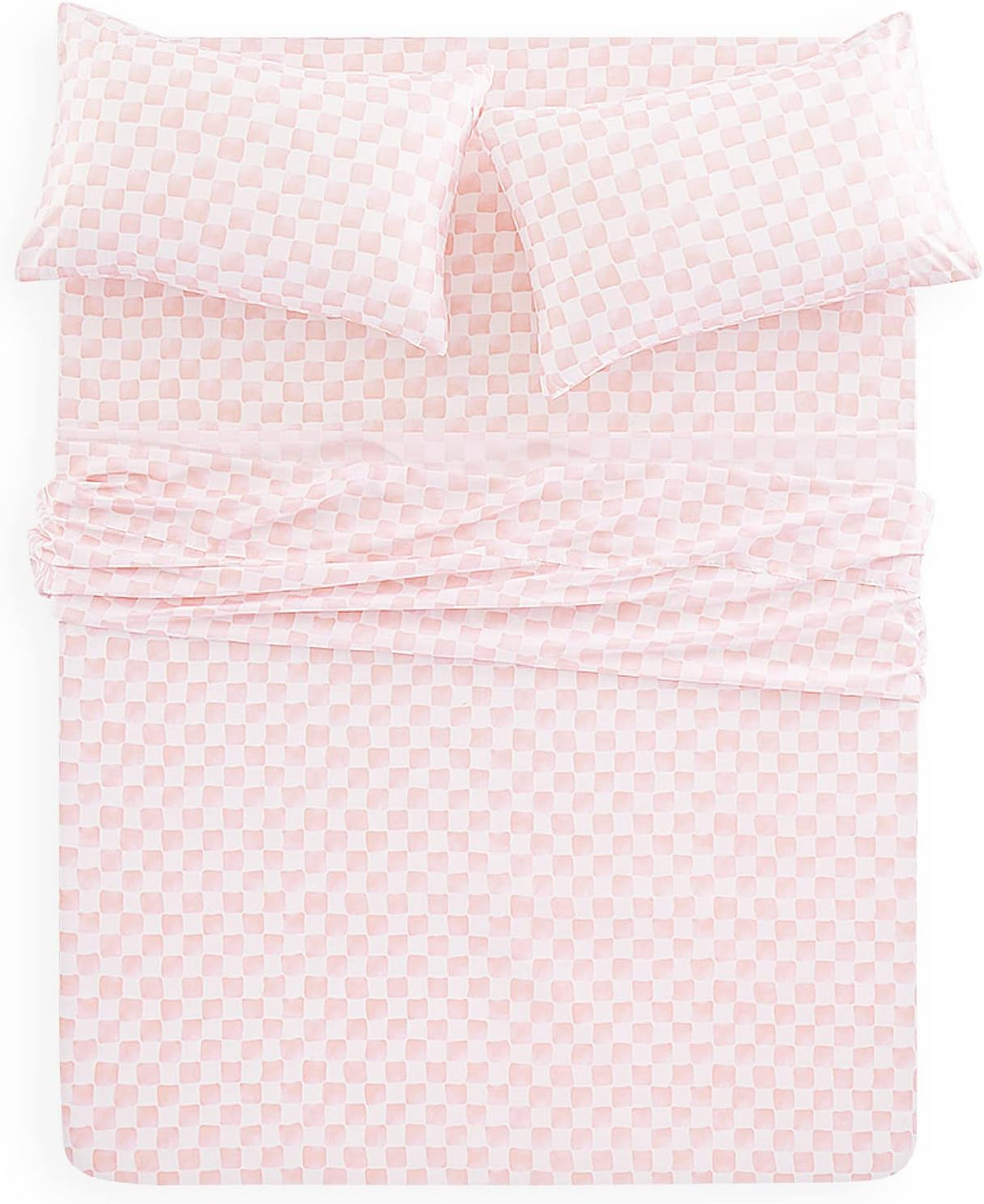 Gingham Sheet Set, 4-Piece Sheet Set, Checkered Grid Plaid Checkerboard Geometric Preppy Hand Drawn Pattern Printed Bedding, Deep Pocket, Pink White, Queen Size