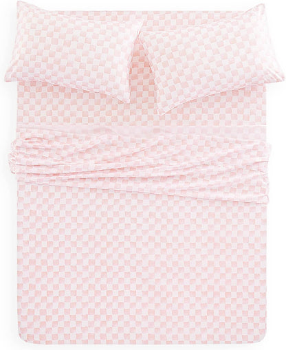 Gingham Sheet Set, 4-Piece Sheet Set, Checkered Grid Plaid Checkerboard Geometric Preppy Hand Drawn Pattern Printed Bedding, Deep Pocket, Pink White, Queen Size