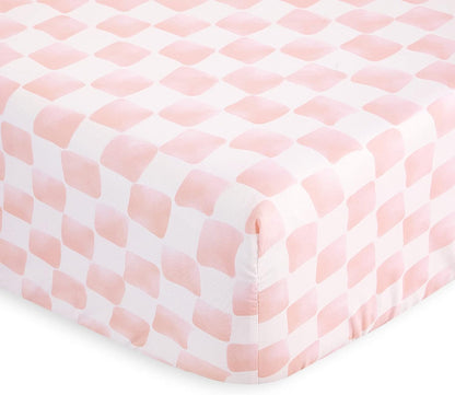 Gingham Sheet Set, 4-Piece Sheet Set, Checkered Grid Plaid Checkerboard Geometric Preppy Hand Drawn Pattern Printed Bedding, Deep Pocket, Pink White, Queen Size