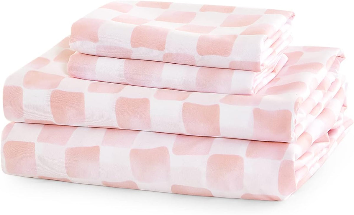 Gingham Sheet Set, 4-Piece Sheet Set, Checkered Grid Plaid Checkerboard Geometric Preppy Hand Drawn Pattern Printed Bedding, Deep Pocket, Pink White, Queen Size