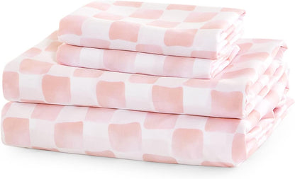Gingham Sheet Set, 4-Piece Sheet Set, Checkered Grid Plaid Checkerboard Geometric Preppy Hand Drawn Pattern Printed Bedding, Deep Pocket, Pink White, Queen Size