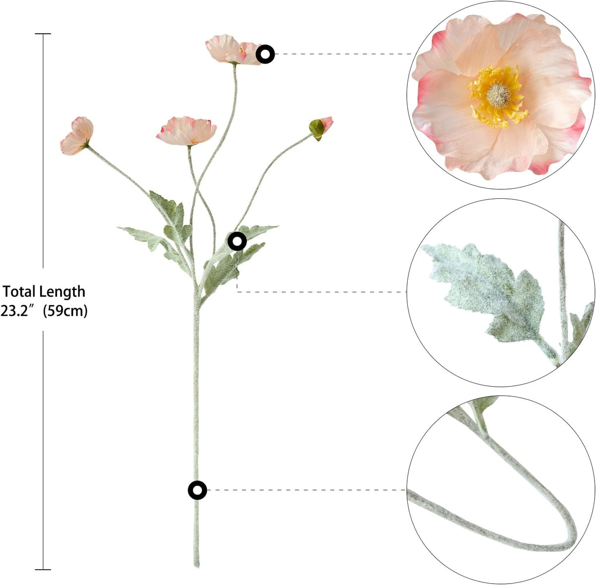6PCS Faux Poppy Flowers Artificial with Stems Champagne Pink